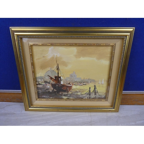 125 - A small framed oil painting of a sailing ship signed Boyce. Approx 27x33cm.