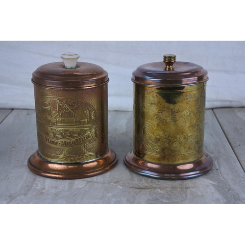 65 - Two vintage copper and brass tea caddies.