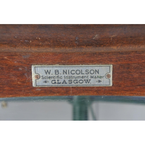 78 - A mahogany cased set of weighing scales by W B Nicolson, Glasgow. Approx 42x45x24cm.