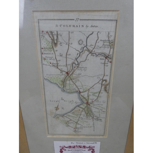 602 - A framed hand coloured antique Taylor & Skinner map of Dublin and a map of Coleraine on the reserve,... 