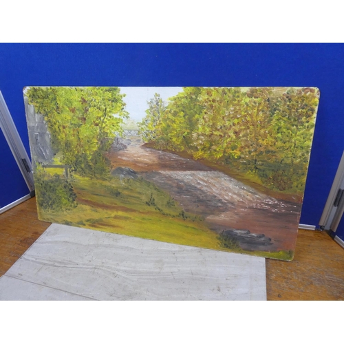 1018 - An unframed painting of a forest scene.