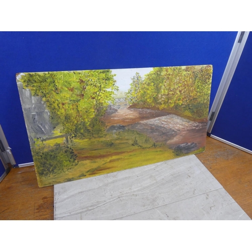 1018 - An unframed painting of a forest scene.