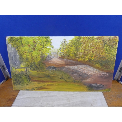 1018 - An unframed painting of a forest scene.