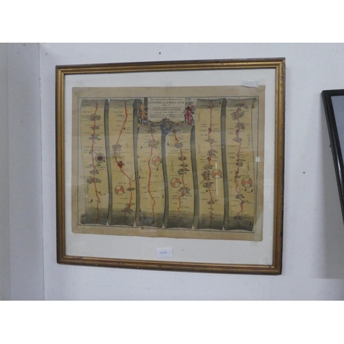 1054 - A framed map depicting, 'The construction of road from London to the Lands end'.