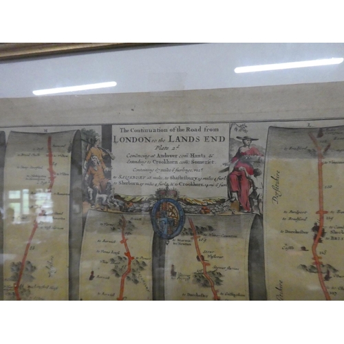 1054 - A framed map depicting, 'The construction of road from London to the Lands end'.