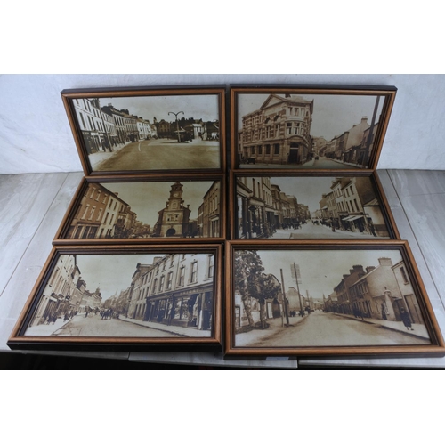 84 - Six framed antique style pictures of street scenes in Northern Ireland.  Approx 39x24cm.