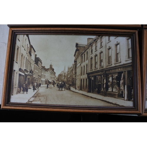 84 - Six framed antique style pictures of street scenes in Northern Ireland.  Approx 39x24cm.