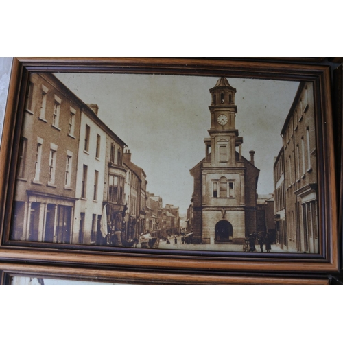 84 - Six framed antique style pictures of street scenes in Northern Ireland.  Approx 39x24cm.