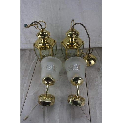 91 - A pair of lantern style centre lights and a pair of brass effect wall lights and shades.