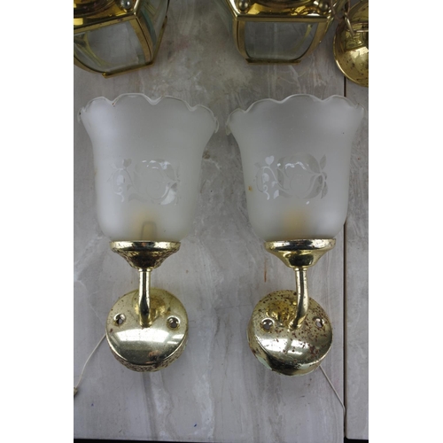 91 - A pair of lantern style centre lights and a pair of brass effect wall lights and shades.