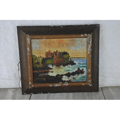 99 - An early oil painting 'Dunluce Castle' signed R H Ramsey.  Approx 32x28cm.