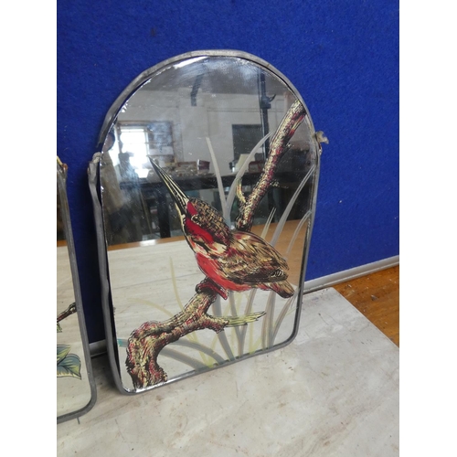 103 - A set of three hand painted mirror plaques with bird detail (one a/f).  Approx 14x20cm.