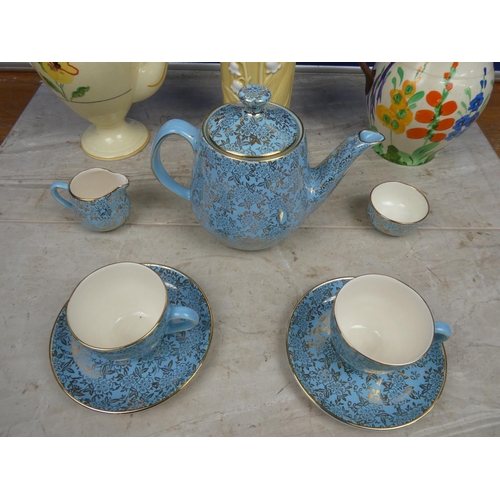 119 - A stunning seven piece vintage coffee set by Old Foley, a Hancock's Ivory hand painted pottery jug, ... 