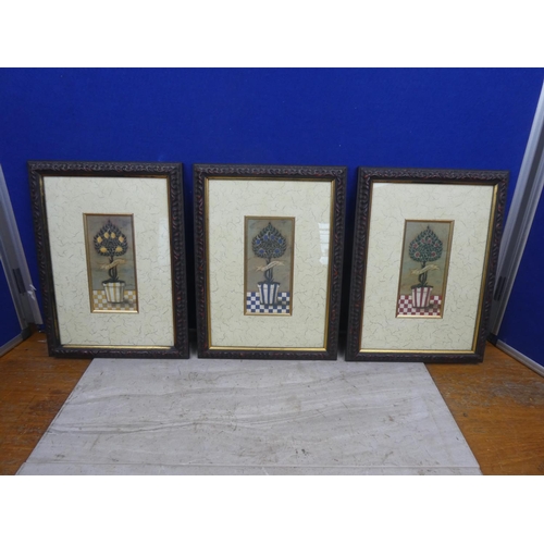 141 - Three framed fruit topiary pictures.  Approx 25x34cm.