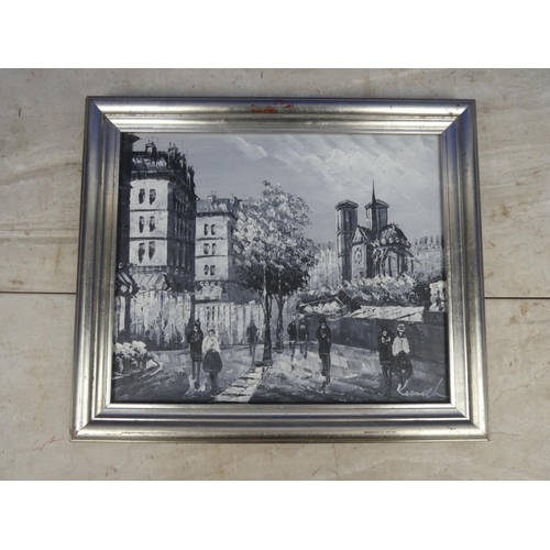 142 - A framed black and white oil painting.  Approx 35x30cm.