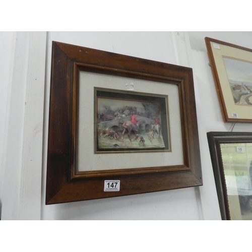 147 - A framed decoupage picture of a hunting scene.  Approx 42x37cm.