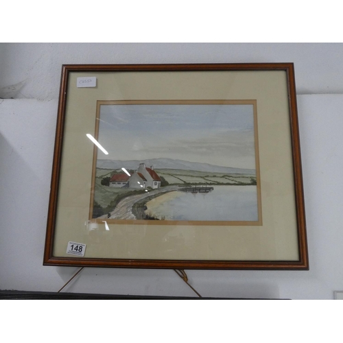 148 - A framed watercolour of a coastal scene signed.  Approx 55x46cm.