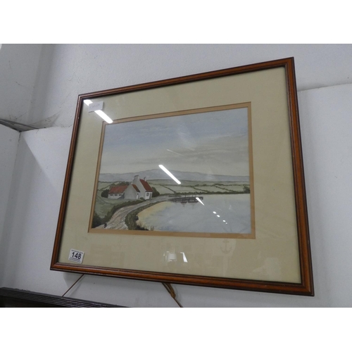 148 - A framed watercolour of a coastal scene signed.  Approx 55x46cm.