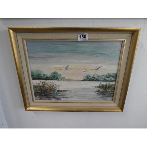 150 - A vintage framed oil painting of flying geese.  Approx 49x39cm.