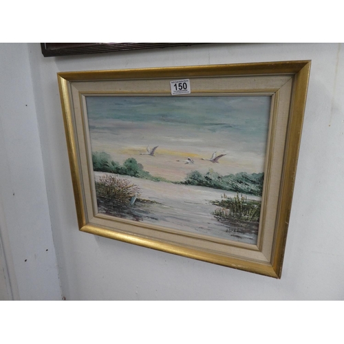 150 - A vintage framed oil painting of flying geese.  Approx 49x39cm.