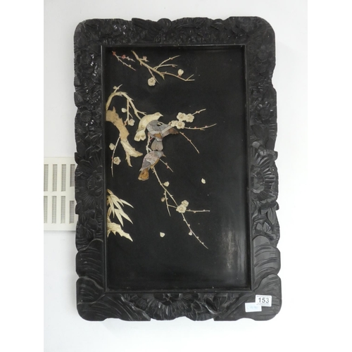 153 - An antique oriental style black-lacquer framed picture with mother of pearl detail (a/f).  Approx 50... 