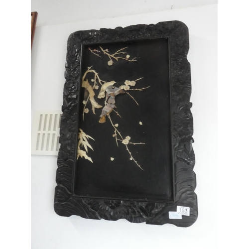 153 - An antique oriental style black-lacquer framed picture with mother of pearl detail (a/f).  Approx 50... 