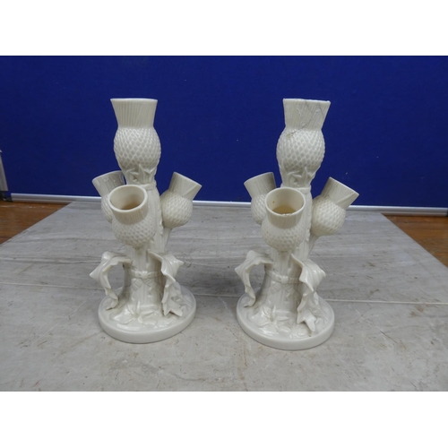 169 - A pair of First Period Belleek thistle vases (a/f).  Approx 20cm.