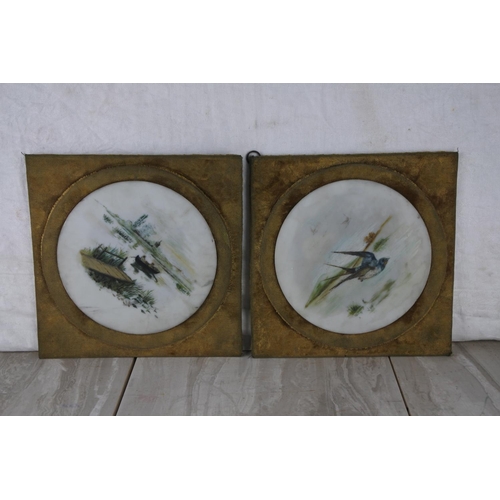 232 - A pair of stunning marble wall plaques with hand painted detail.  Approx 24x24cm.