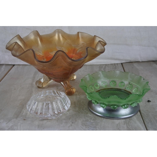 243 - A stunning carnival glass bowl and other glass ware.