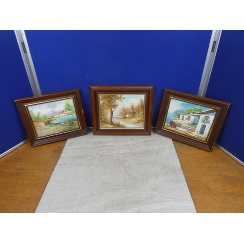 250 - Two framed continental paintings and another.  Approx 34x29cm.