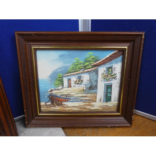 250 - Two framed continental paintings and another.  Approx 34x29cm.