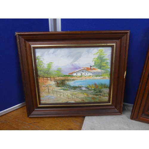 250 - Two framed continental paintings and another.  Approx 34x29cm.