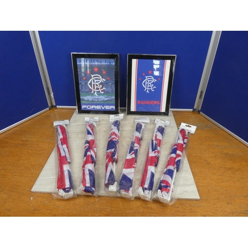 254 - Six Union Jack flags and Two framed Rangers pictures.