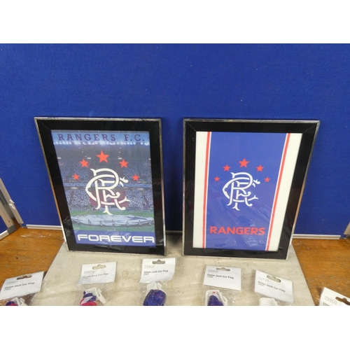 254 - Six Union Jack flags and Two framed Rangers pictures.