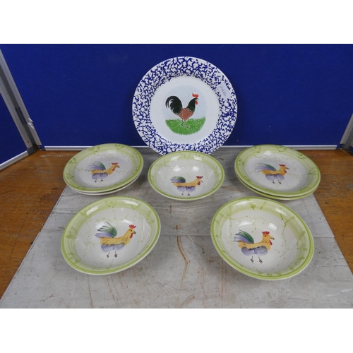 264 - Three 'Rooster' bowls and four plates by Scotts of Stow and a plate by Saville Pottery 'Devon Farm'.