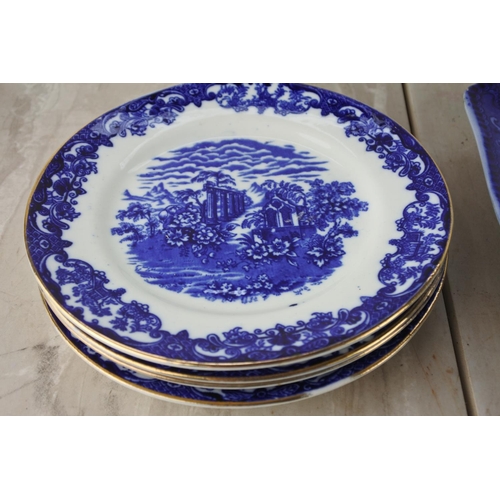 387 - A Willow patterned teapot, six side plates and a square floral pattern blue platter.