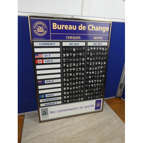 406 - A vintage Bureau de Change currency board. Approx 42x58cm.