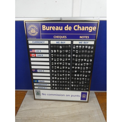 406 - A vintage Bureau de Change currency board. Approx 42x58cm.