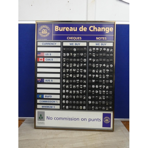 406 - A vintage Bureau de Change currency board. Approx 42x58cm.