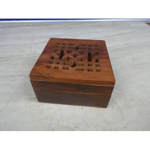 443 - A wooden trinket box and contents.