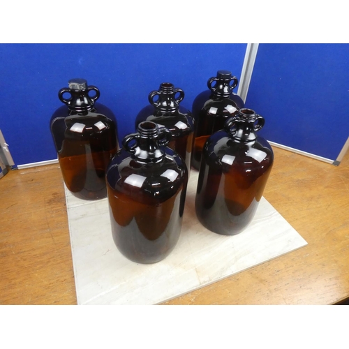 491 - Five brown glass demijohn bottles