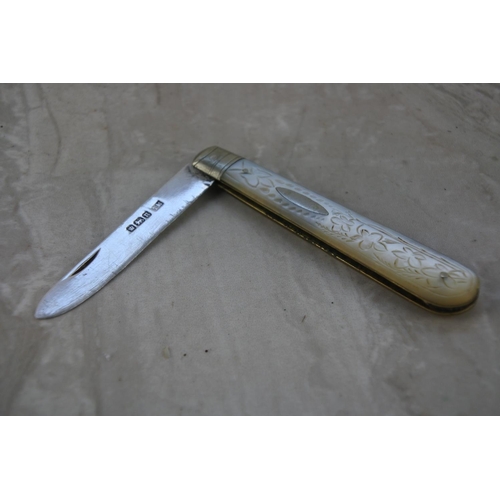 524 - A stunning sterling silver and mother of pearl fruit knife.