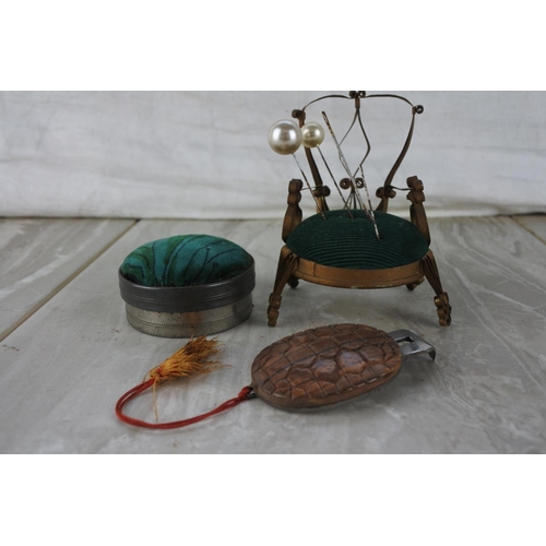 533 - An unusual vintage novelty French pin cushion in the style of metal framed chair, another and a wood... 