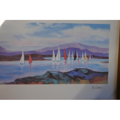 551 - A pine framed print of sailing ships signed V Harris. Approx 48x28cm.