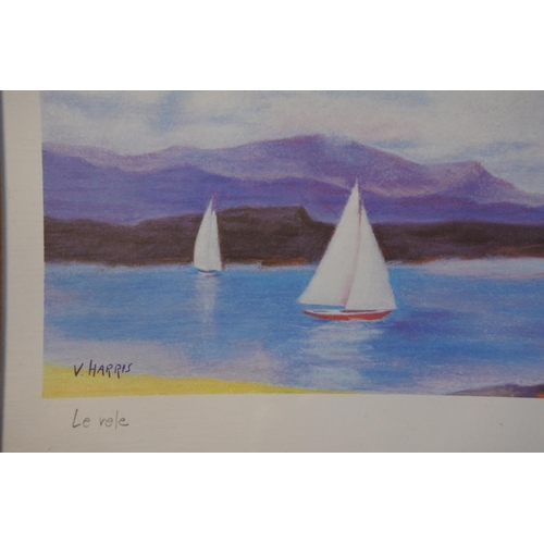 551 - A pine framed print of sailing ships signed V Harris. Approx 48x28cm.