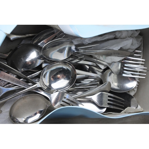 581 - A box of assorted silver plate ware, cutlery, trays and more.