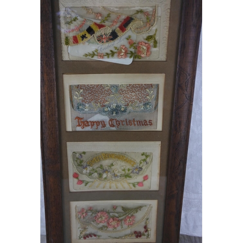 719 - A stunning set of four framed antique hand stitched silk 'Sweetheart Cards'.  Approx 19x41cm.