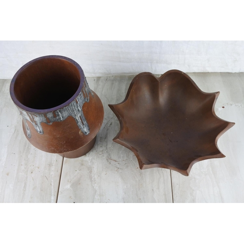 752 - A wooden fruit bowl and similar vase with painted detail.