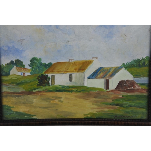 773 - A framed oil painting of an Irish Cottage signed R Hemphill.  Approx 37x32cm.