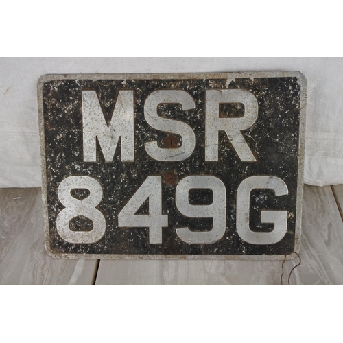 784 - A vintage number plate MSR 849G and three others.